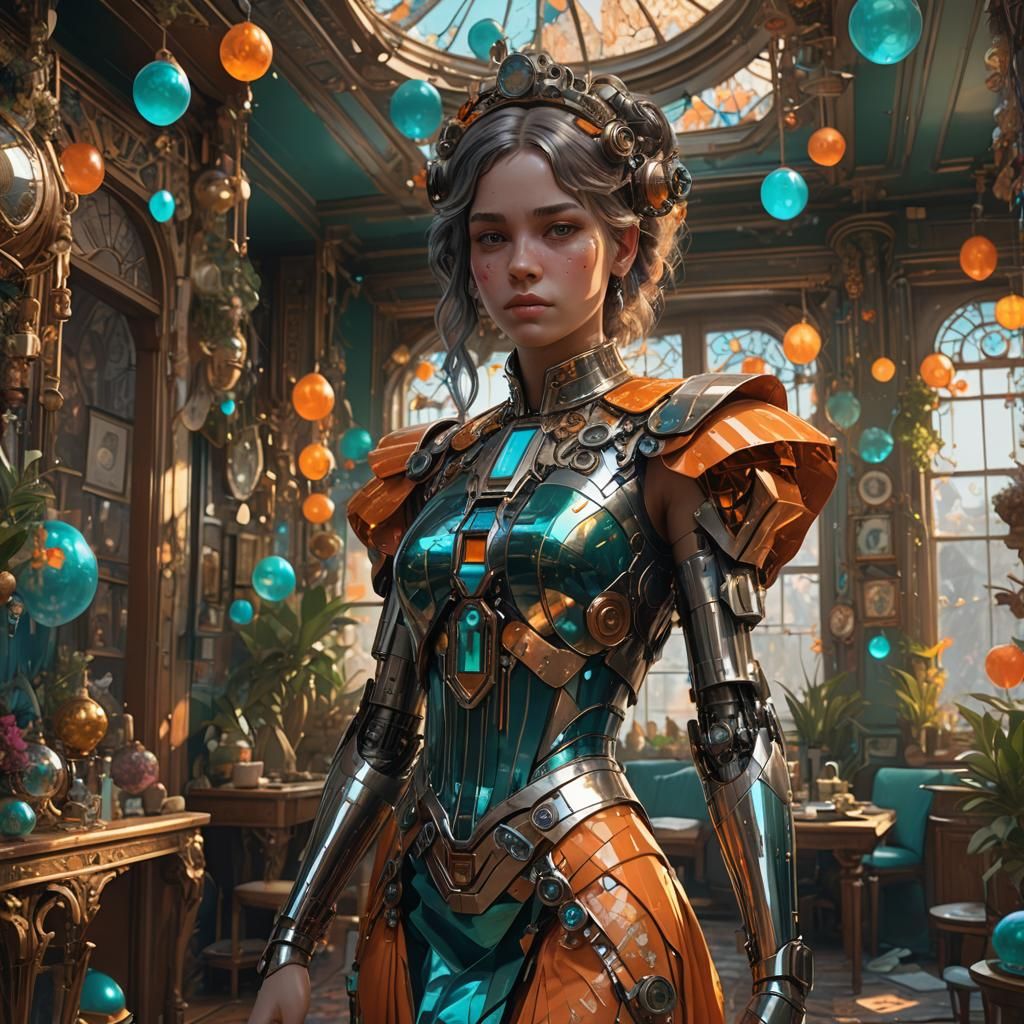 Cyborg Girl in 1920s Home, Digital Art