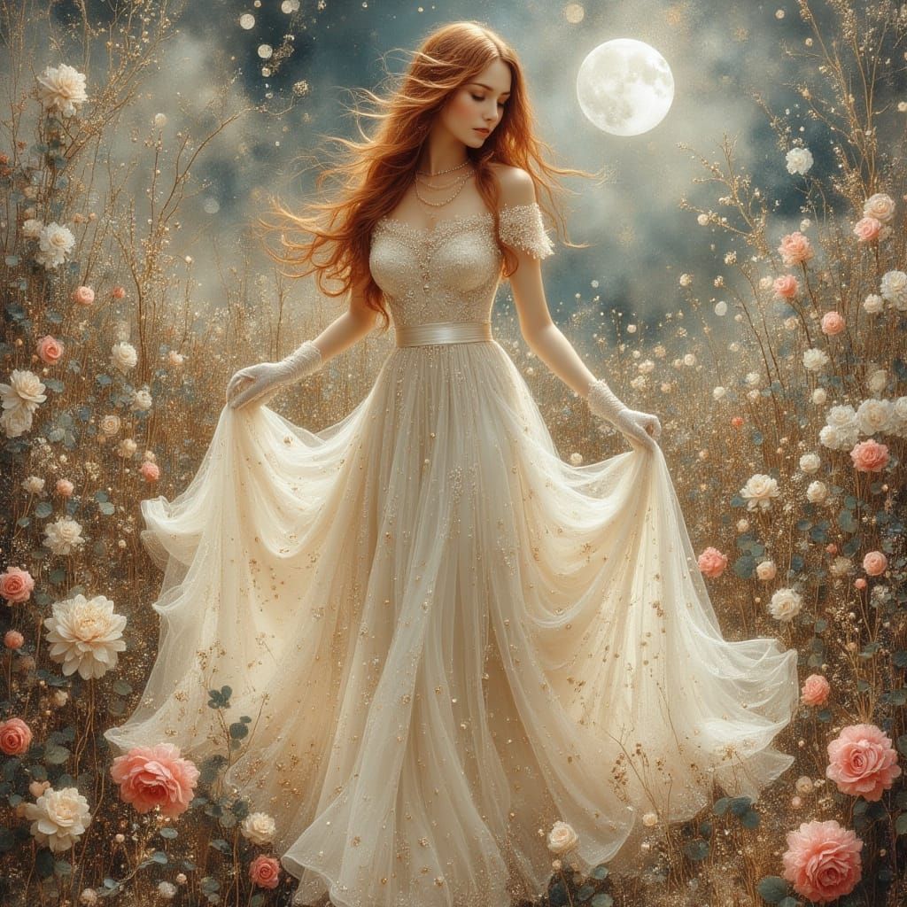 Woman in Rose Garden: Dreamy Art Nouveau Style