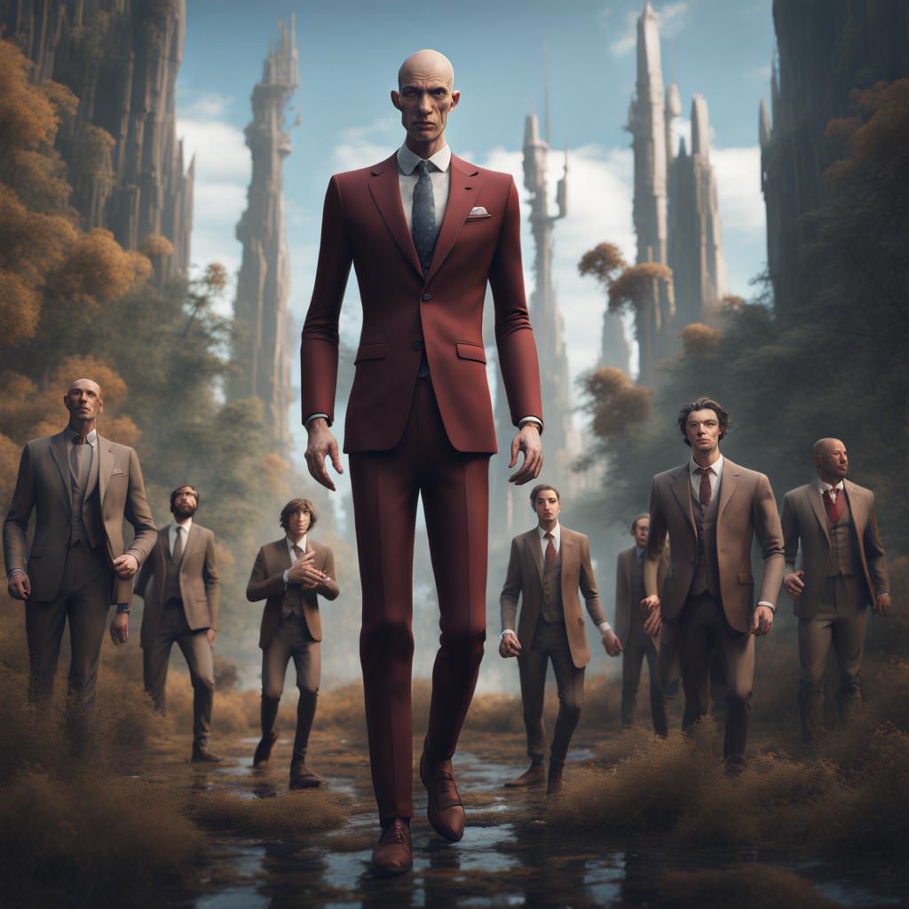 Tall Man in Suit Surrounded by Short Men