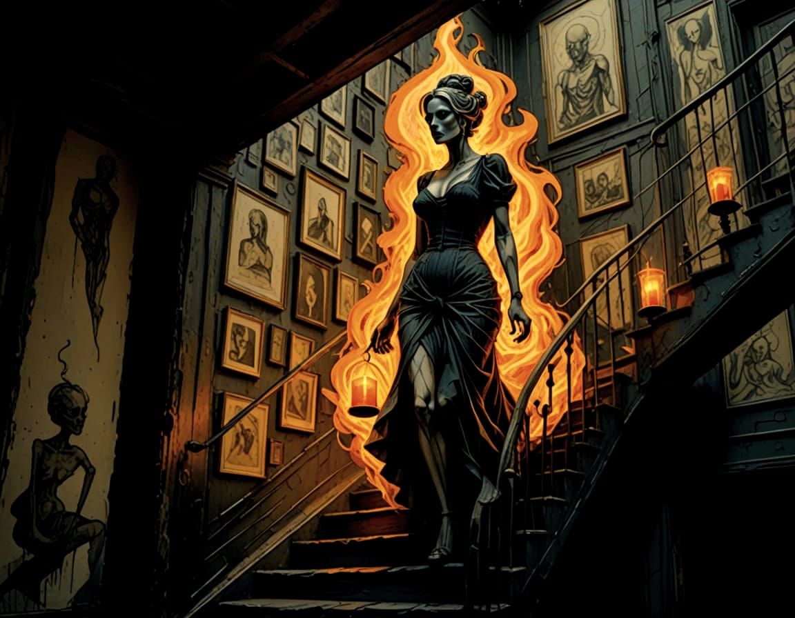 Comic Style Figure Descending Stairs in Escher Style