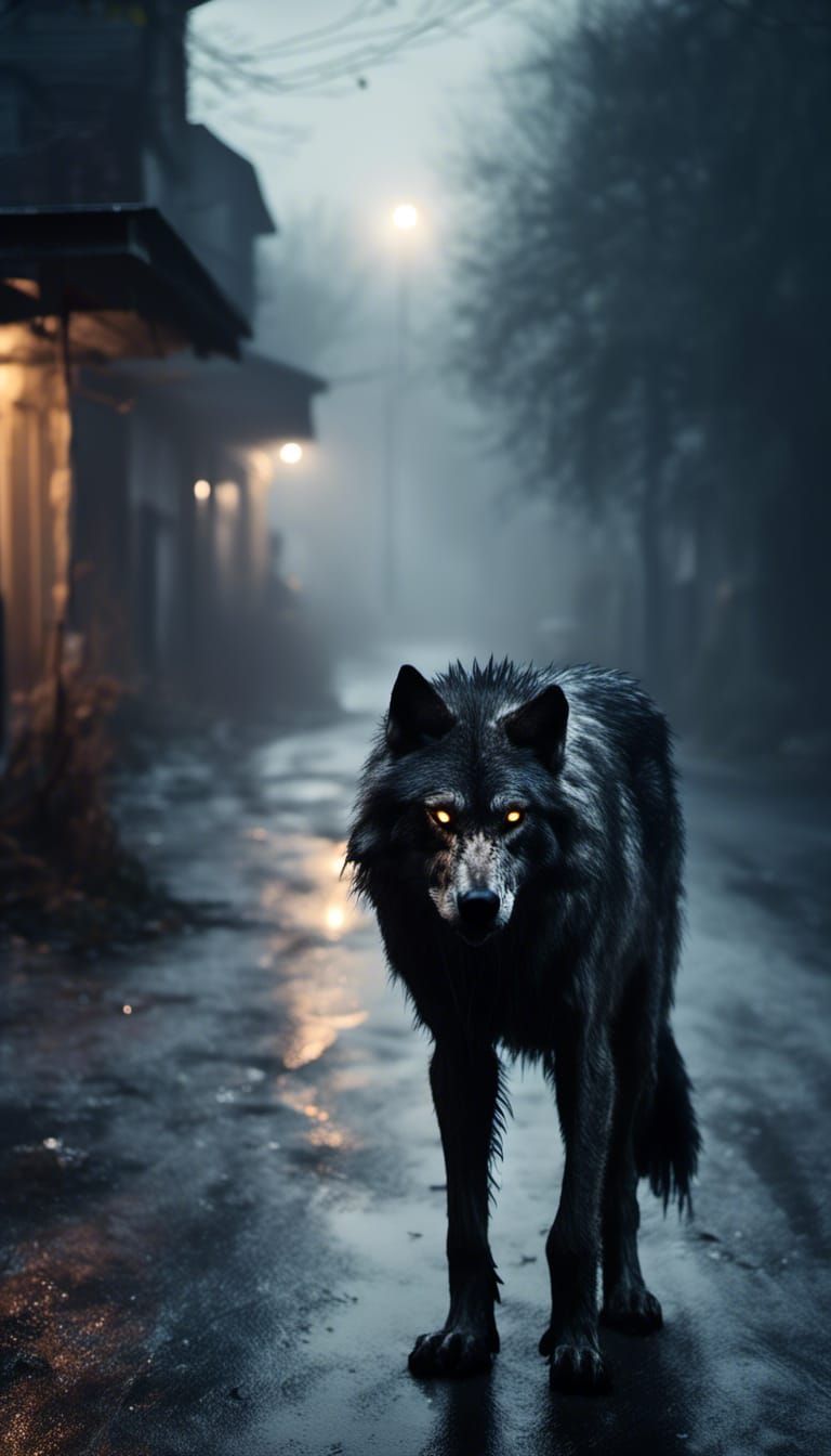 Werewolf Prowling Abandoned Town at Night
