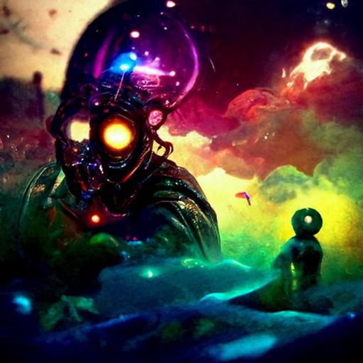 Cosmic Illustration of Compromised Emotions in Neon Style
