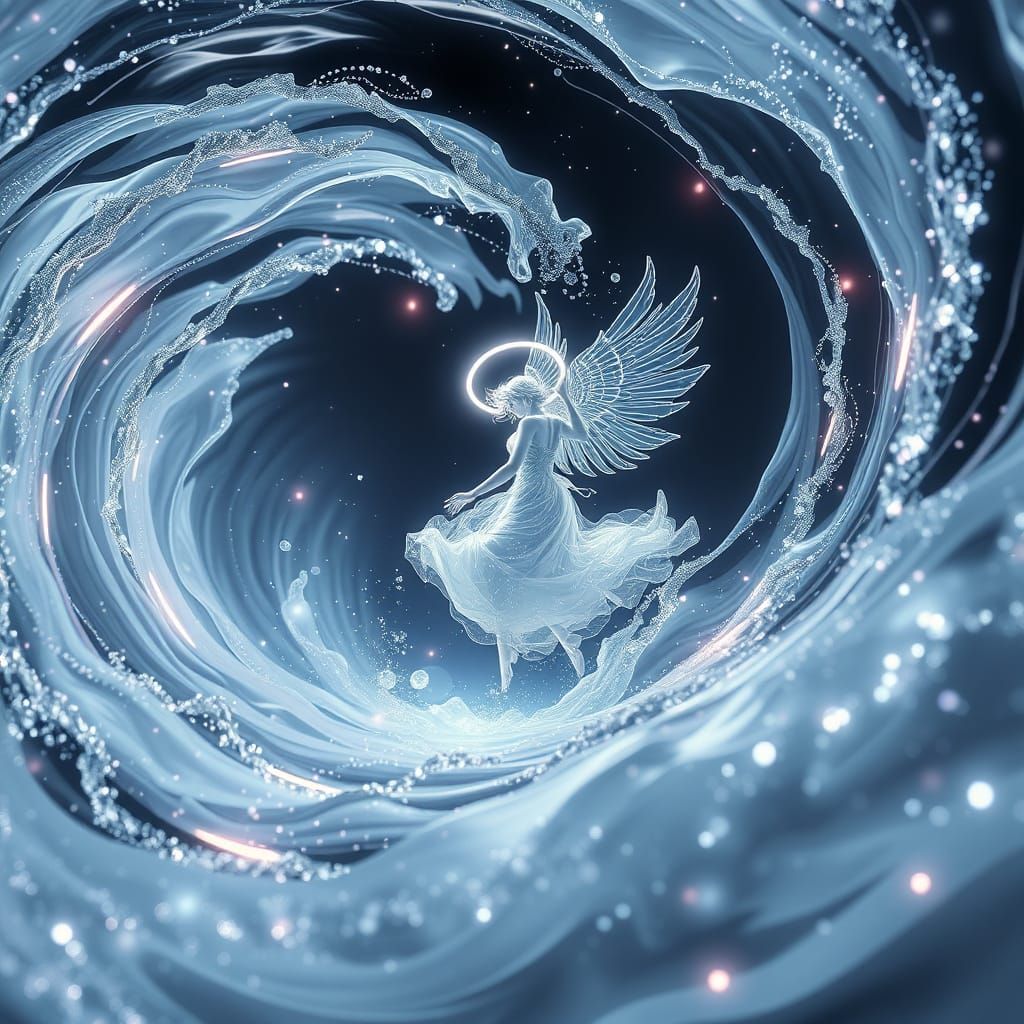 Ethereal Angel Dances in Shimmering Water Vortex