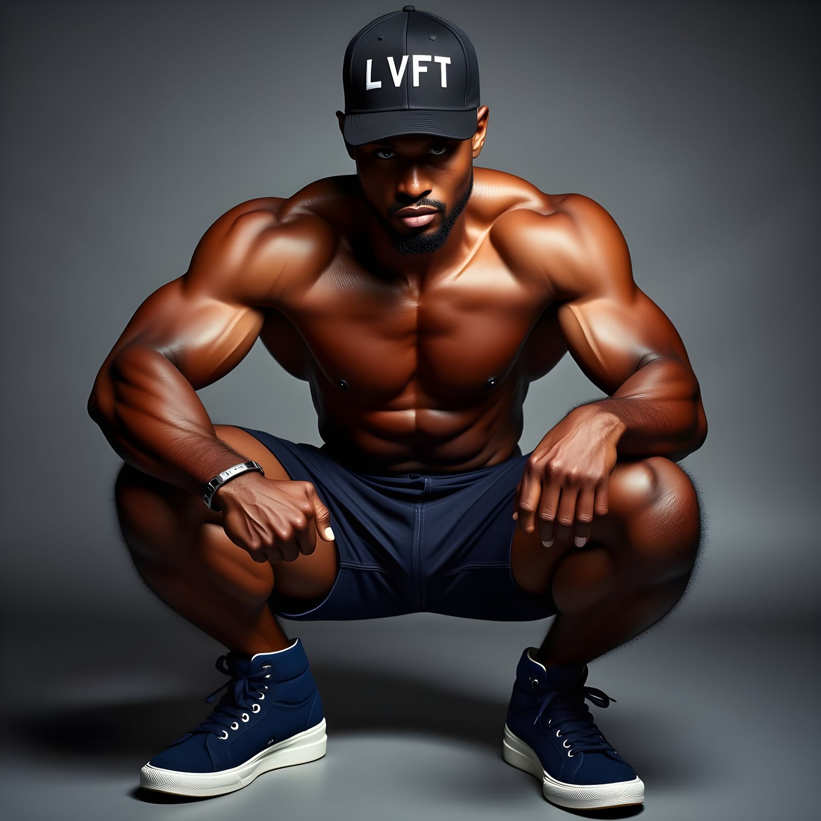 Muscular Man in Deep Squat, Dramatic Lighting