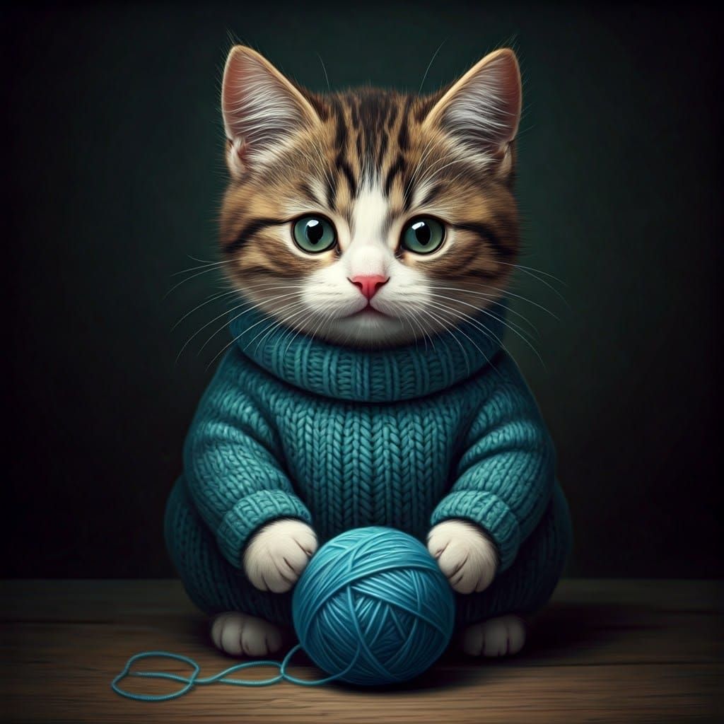 Cute Cat in Sweater: Hyperrealistic Art Deco Painting