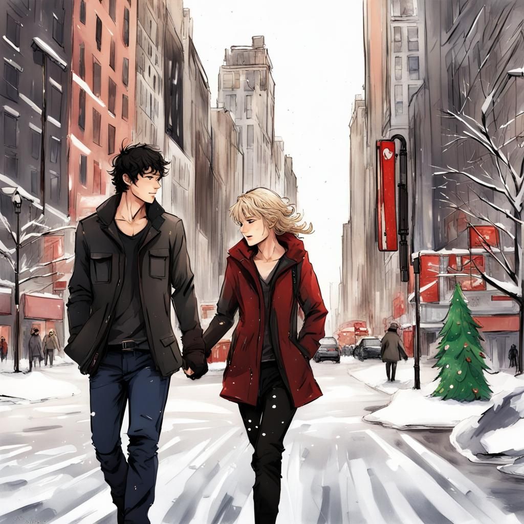Anime Style: Characters Walking in Christmas New York