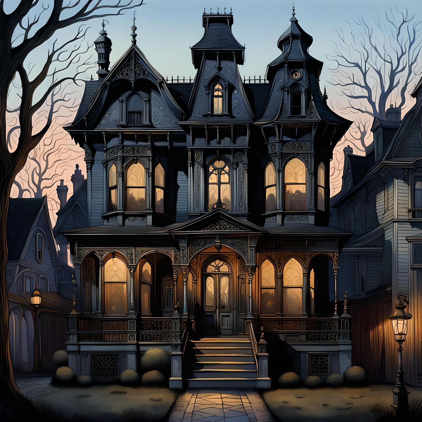 Spooky Victorian House Facade in Gothic Style