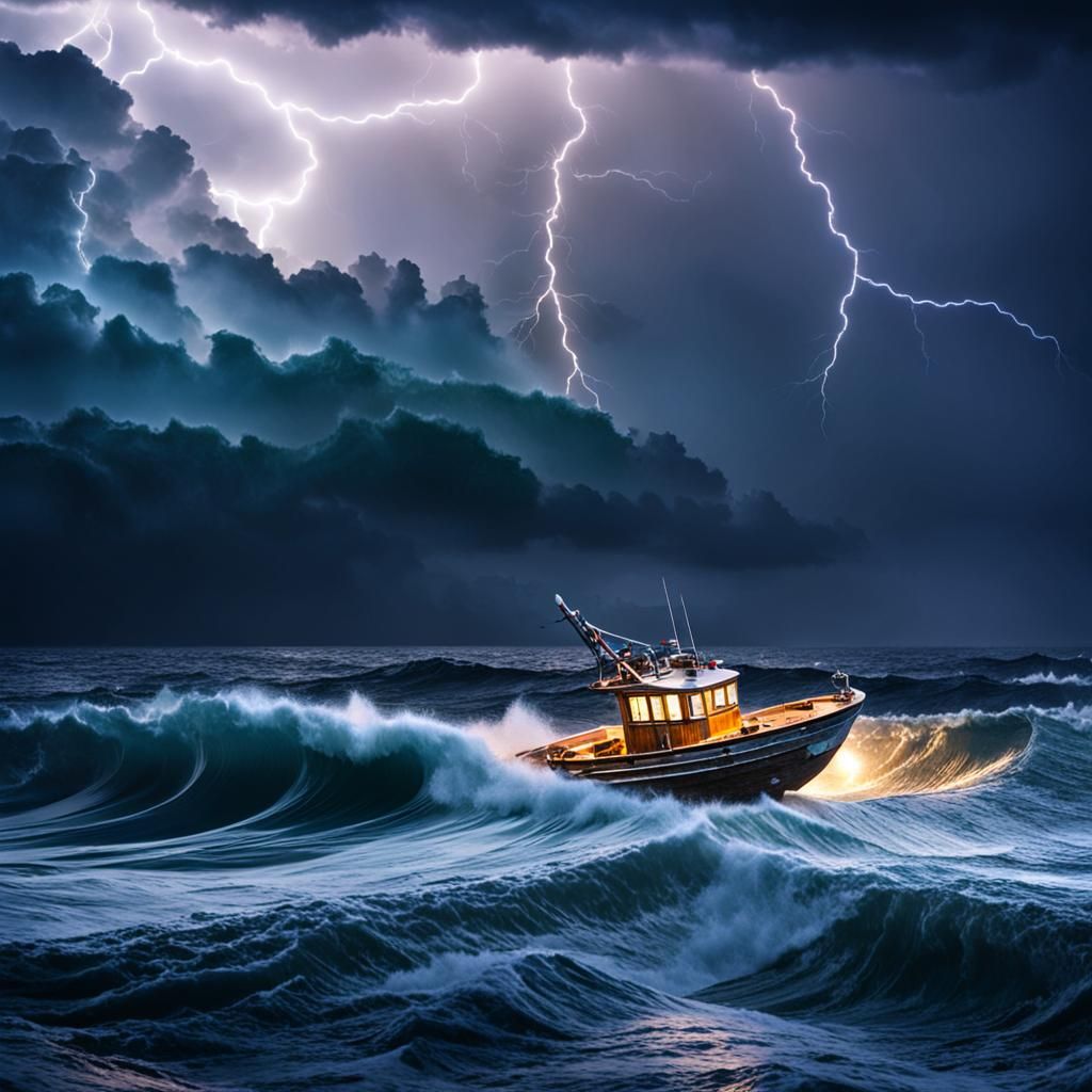 Ocean Storm at Night with Lightning