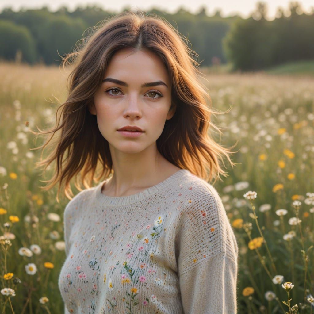 Woman in Meadow as Impressionist Painting