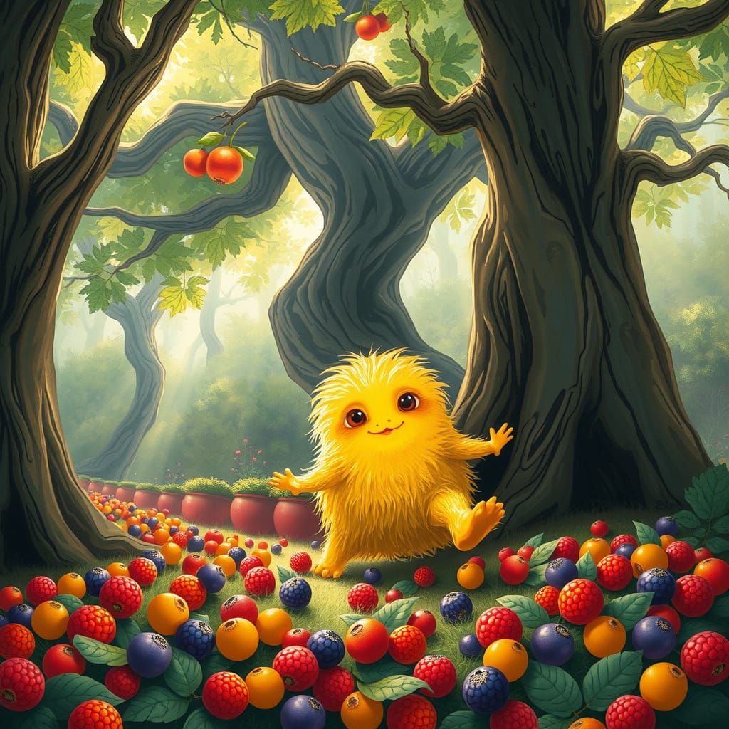 Friendly Whimsical Creature in Lush Forest Landscape