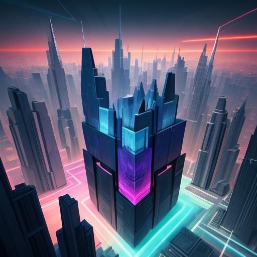 Futuristic Crystalline Cityscape in Abstract Cubism Style
