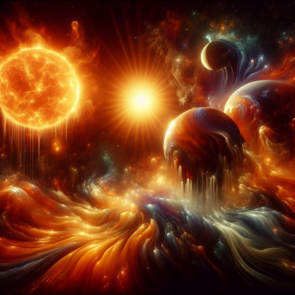 a sun burning bright, planets are melting and dripping from ...