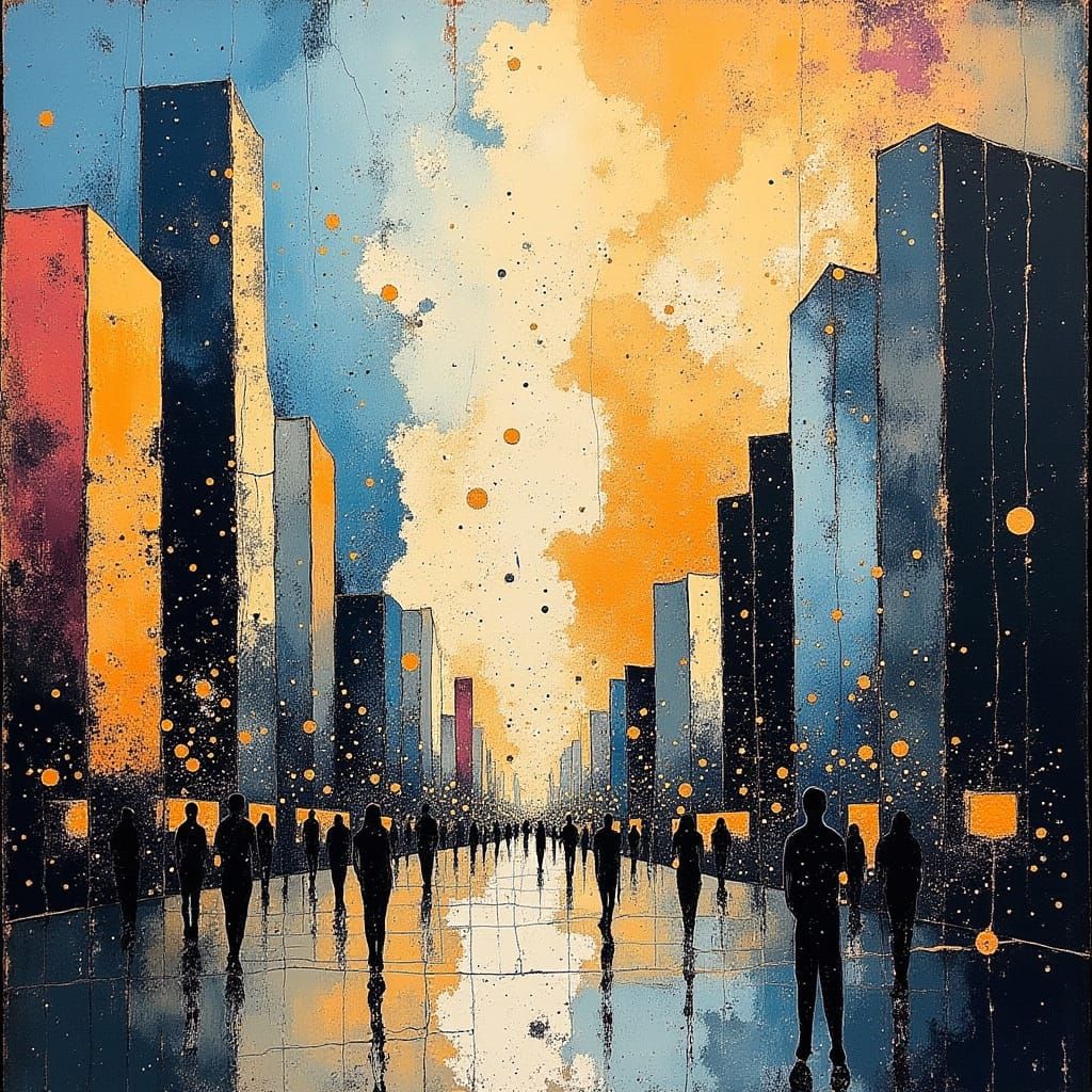 Abstract City Square at Twilight in Expressionist Style