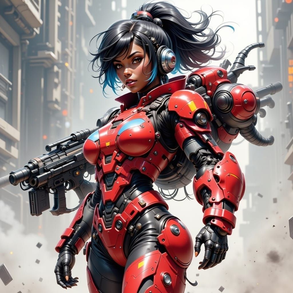 Futuristic Anime Woman in Red Mechanical Armor