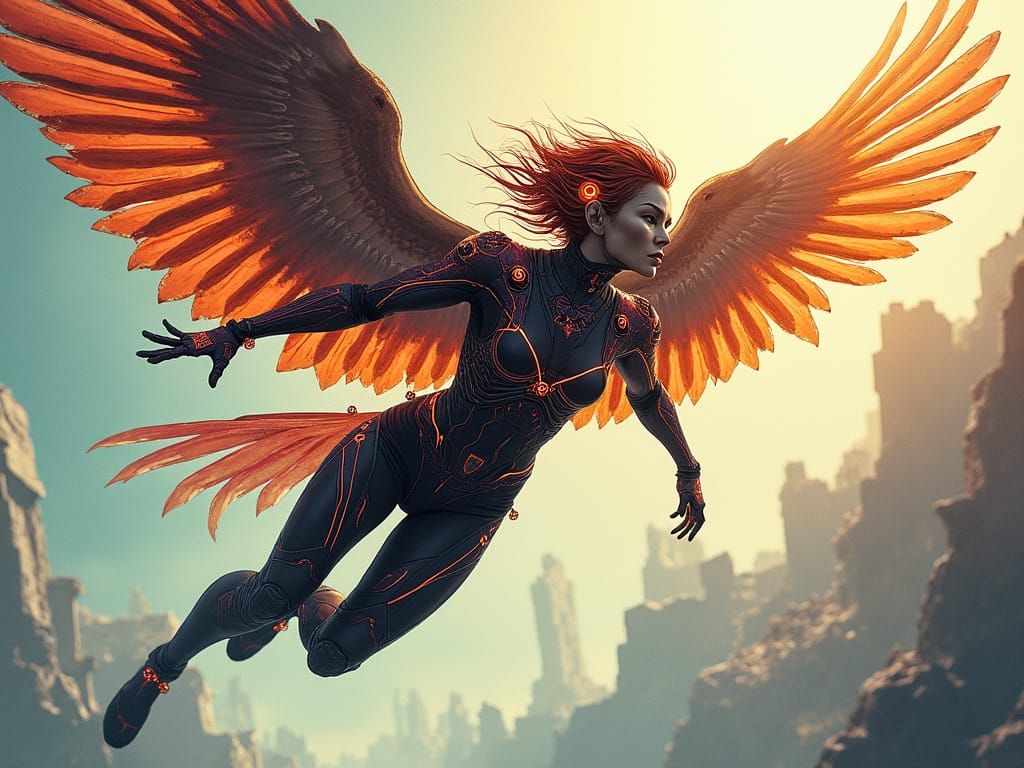 Bio-Punk Hawkgirl Diving: Intricate Inkwork and Watercolors