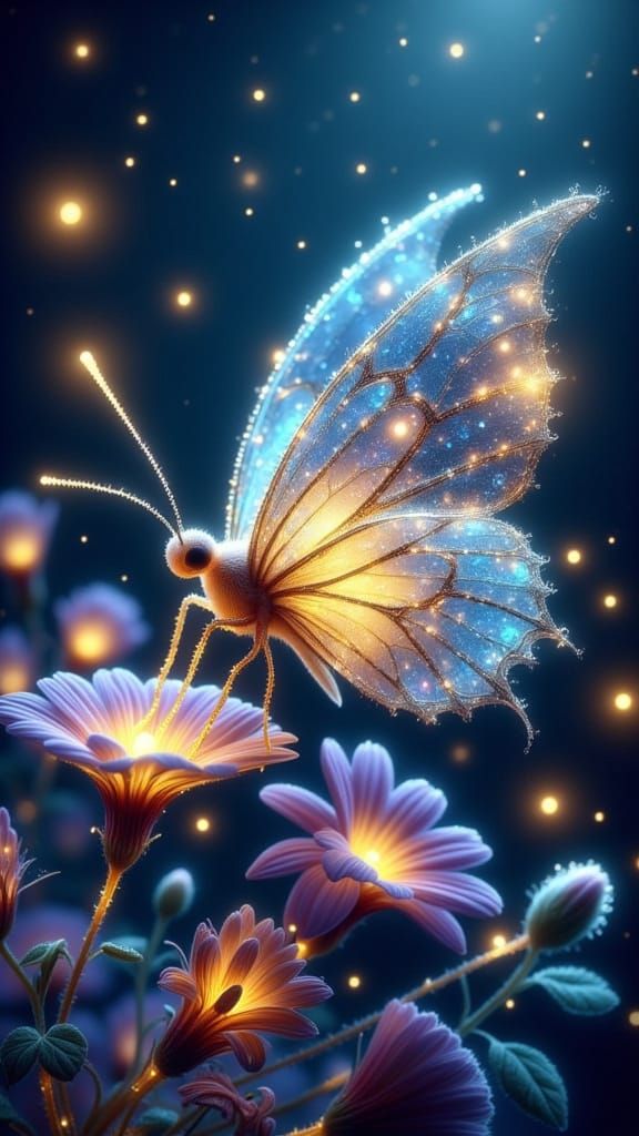 Iridescent Butterfly in Bioluminescent Garden