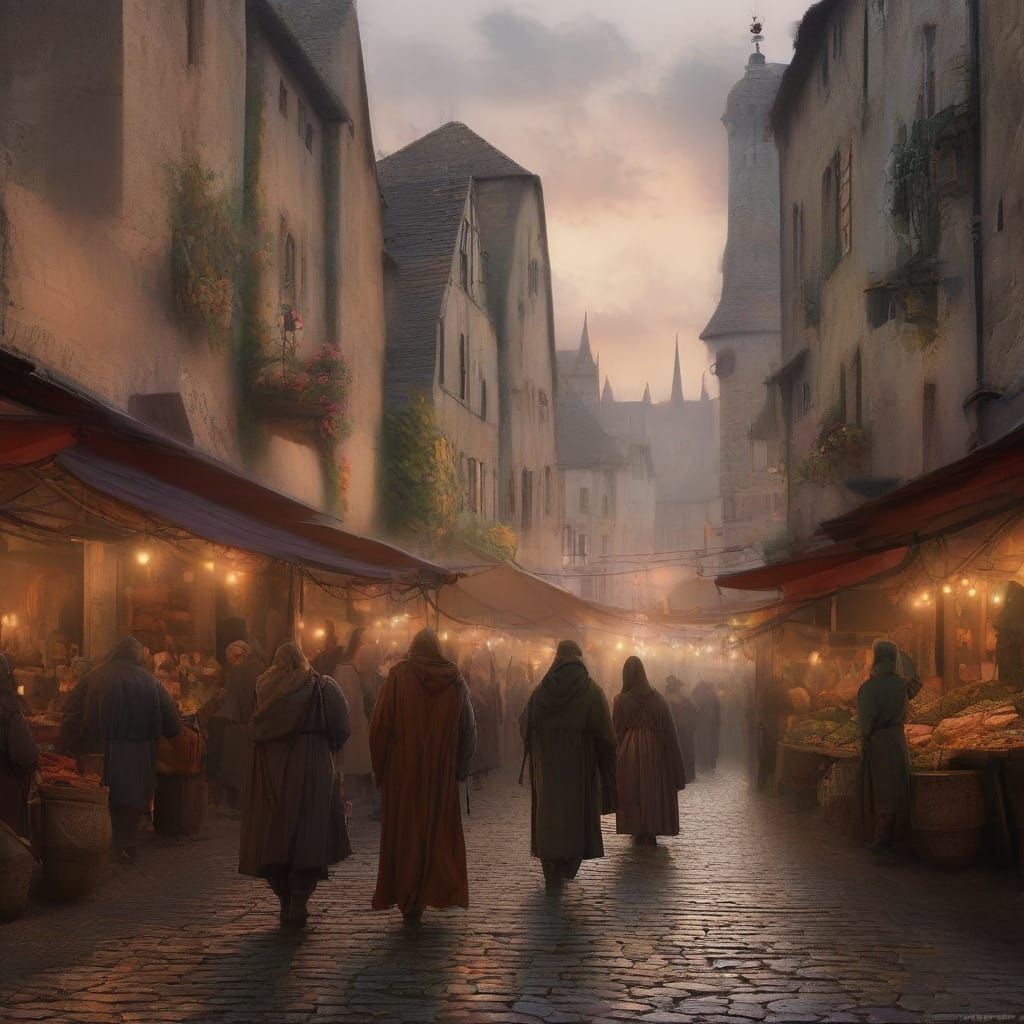 Bustling Medieval Marketplace at Dawn in Fantasy Art Style