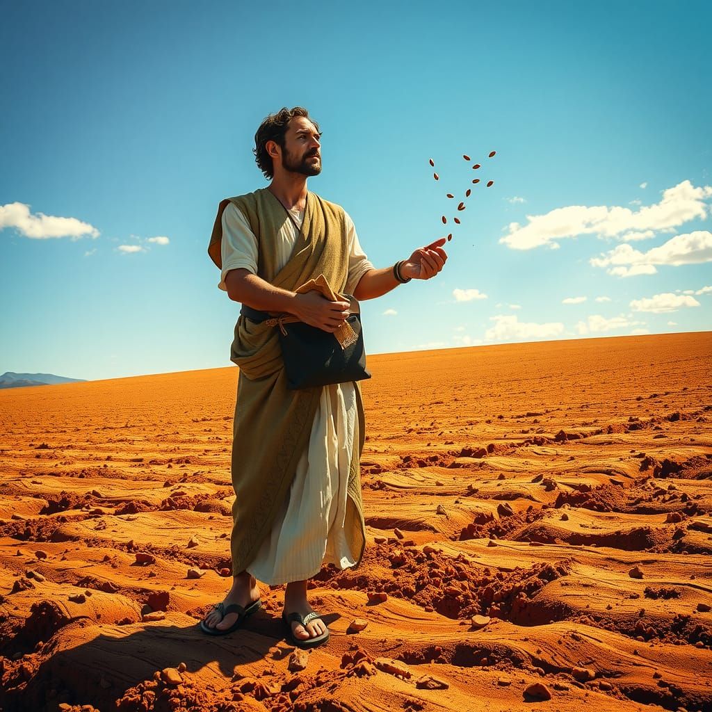 Biblical Sower in Sunlit Field: Oil Painting Style