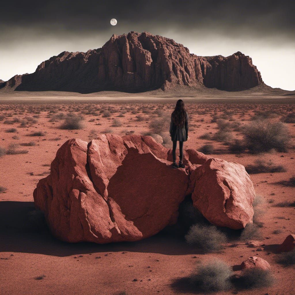 Lonely Girl on Red Rock in Black Desert Sky