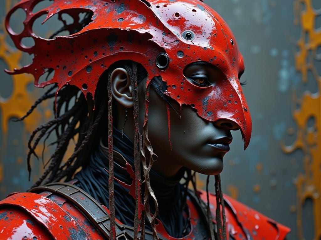 Ancient Gladiator in Red Cinnabar Mask, Surrealist Style