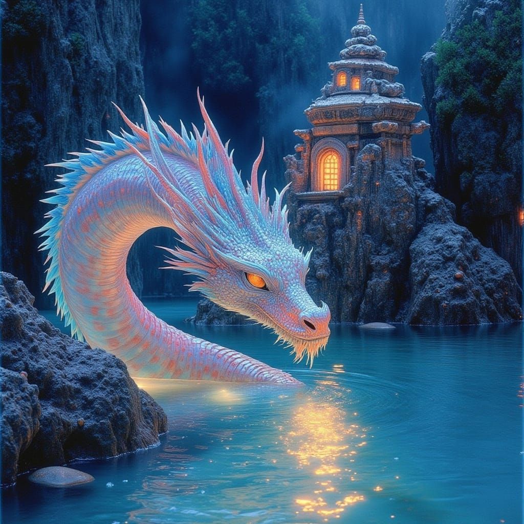Bioluminescent Dragon in Sunken Temple: Watercolor Art