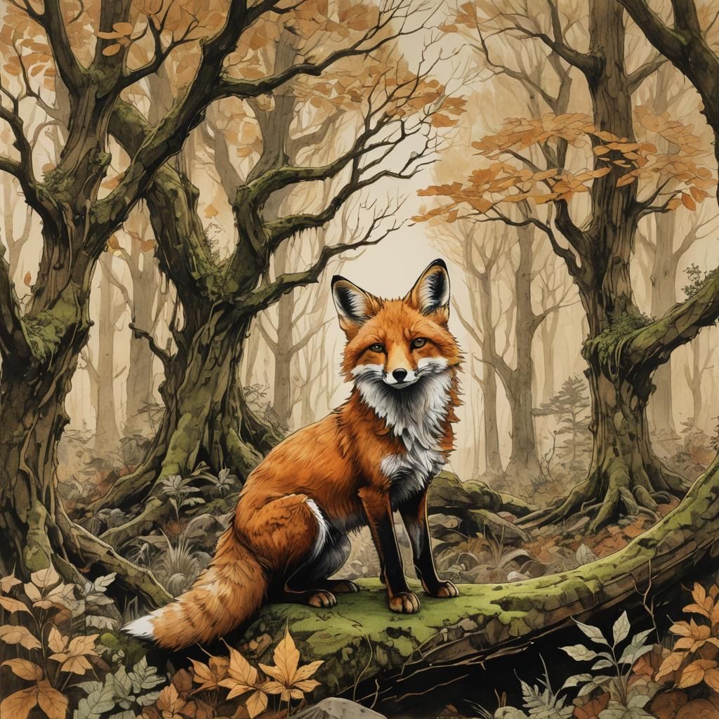 Fox in Forest Glade: Sepia Pen and Ink Sketch