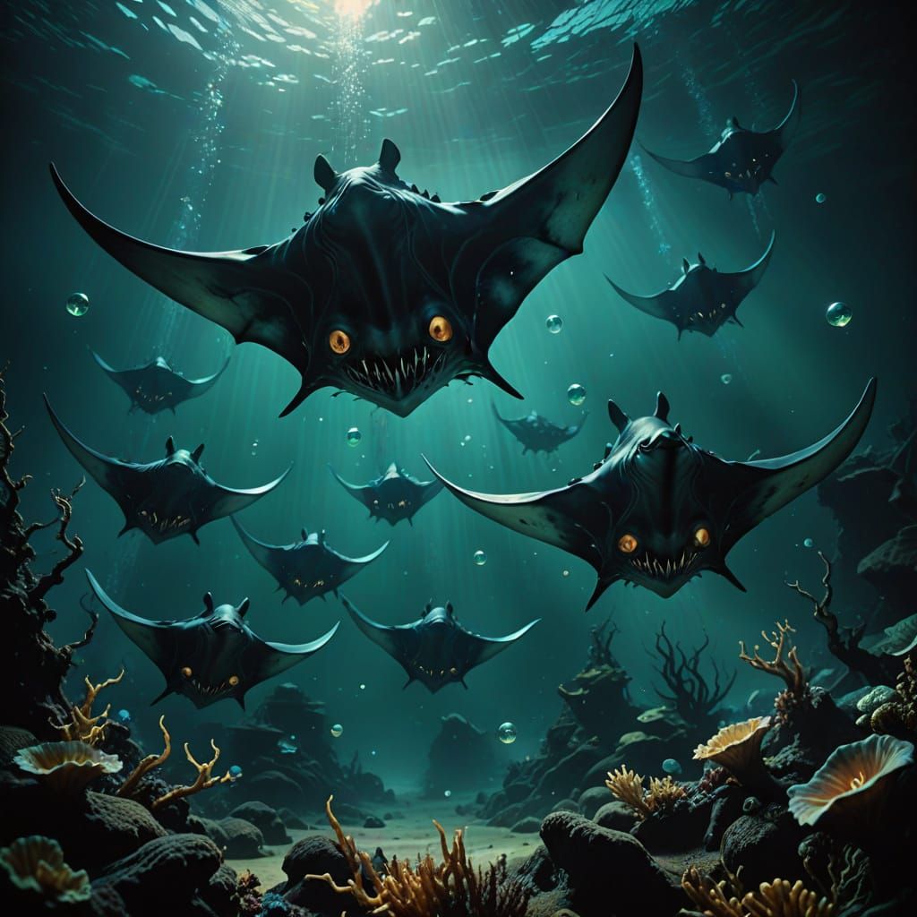 Demonic Manta Rays Cast Dark Spells in Gothic Underwater Rea...