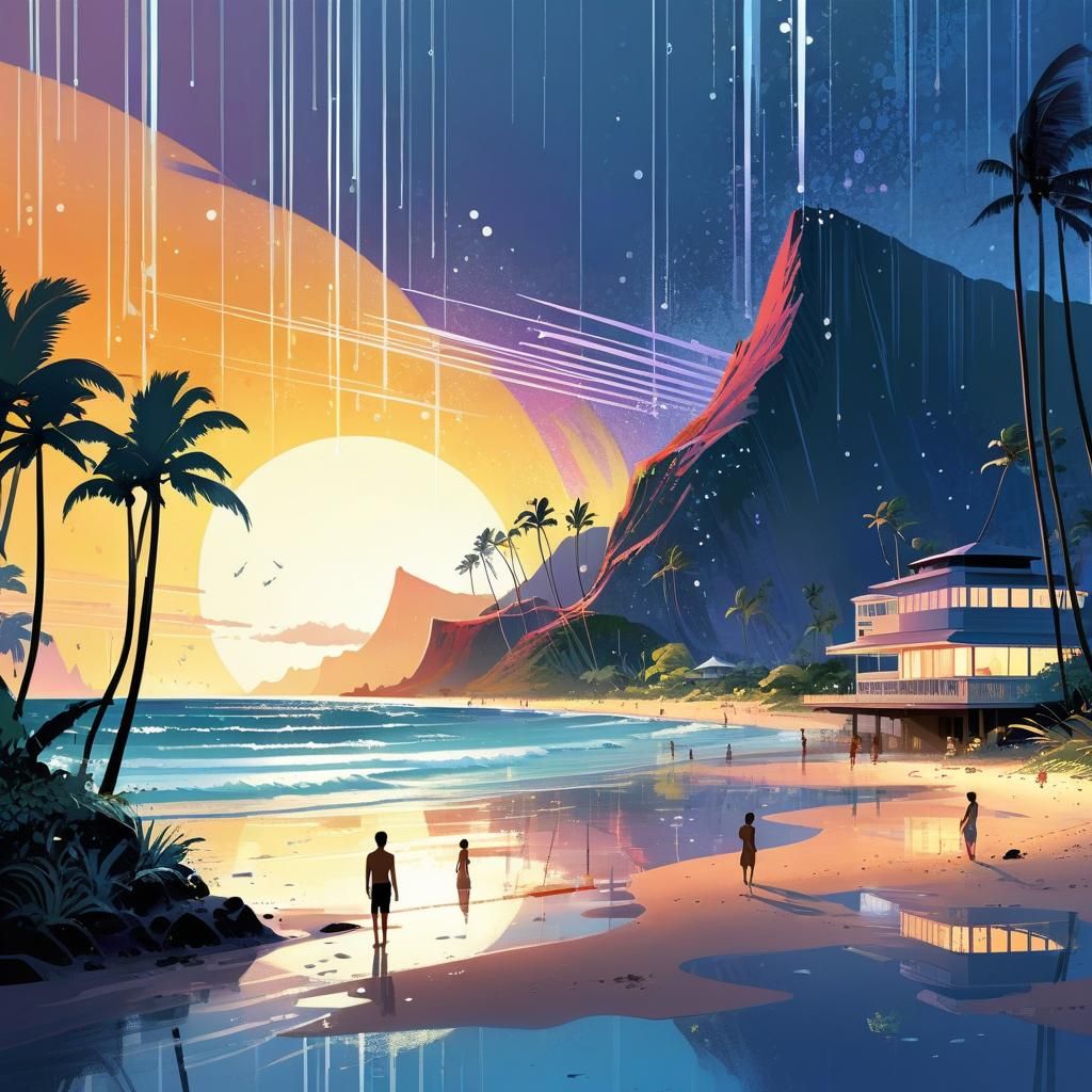Cosmic Hawaiian Beach at Twilight in Digital Illustration St...