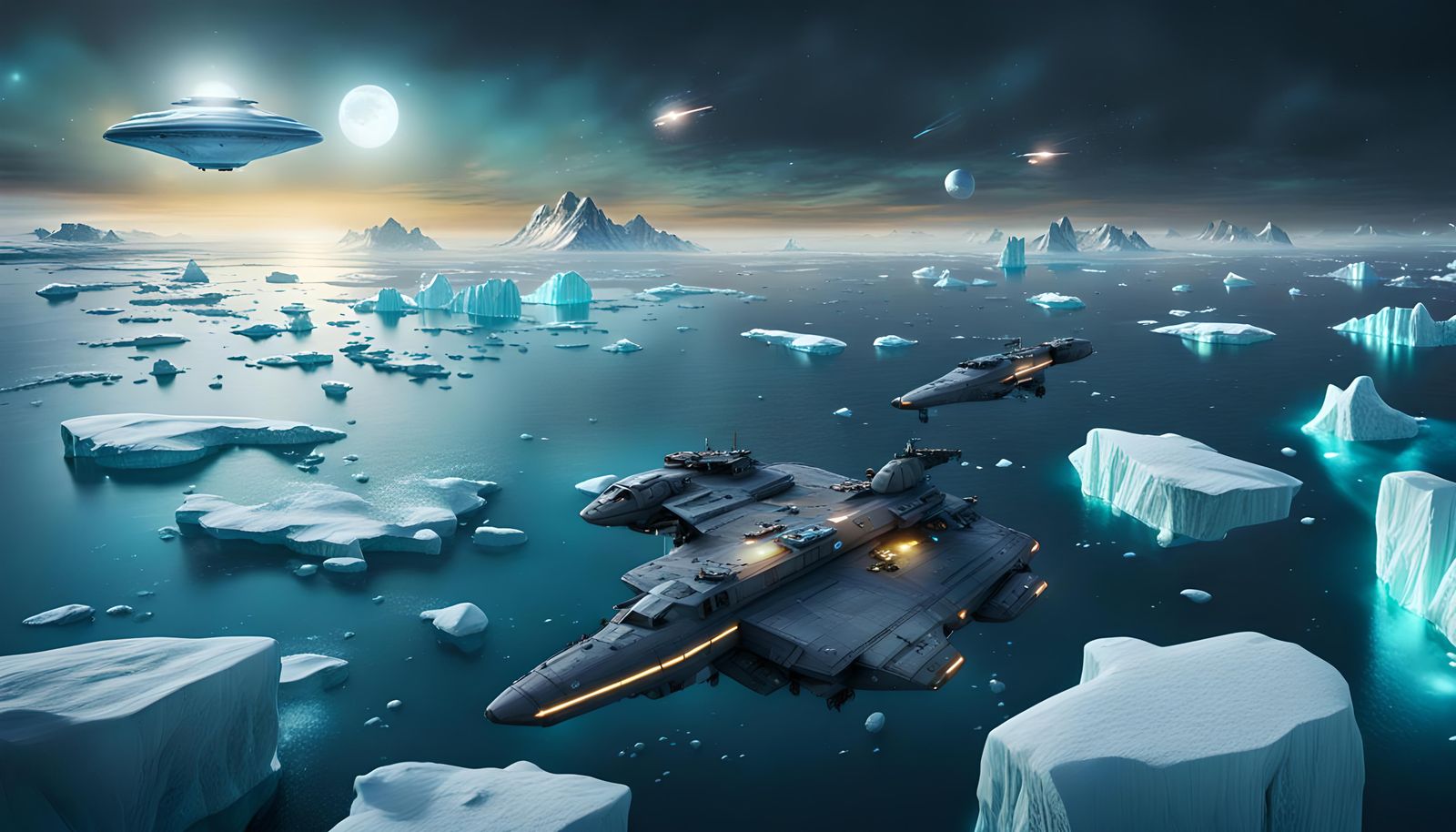 Arctic Spaceship View with UFOs as Matte Painting