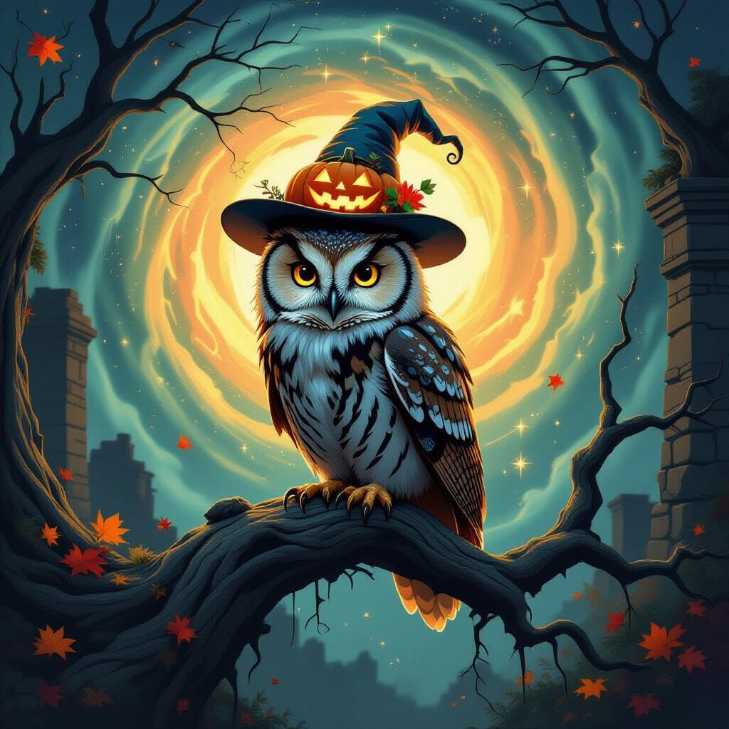 Spectral Owl in Pumpkin Hat on Ruin Branch