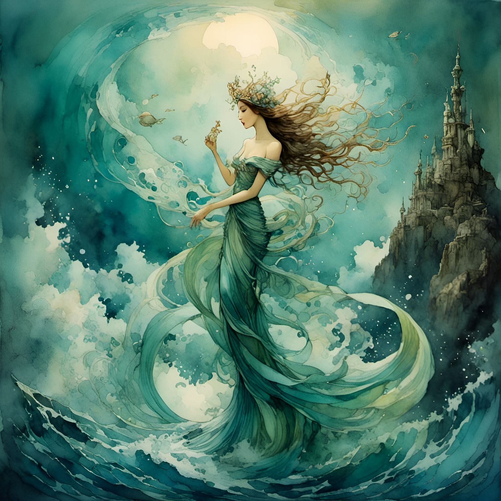 Ethereal Sea Goddess in Romantic Watercolor Style
