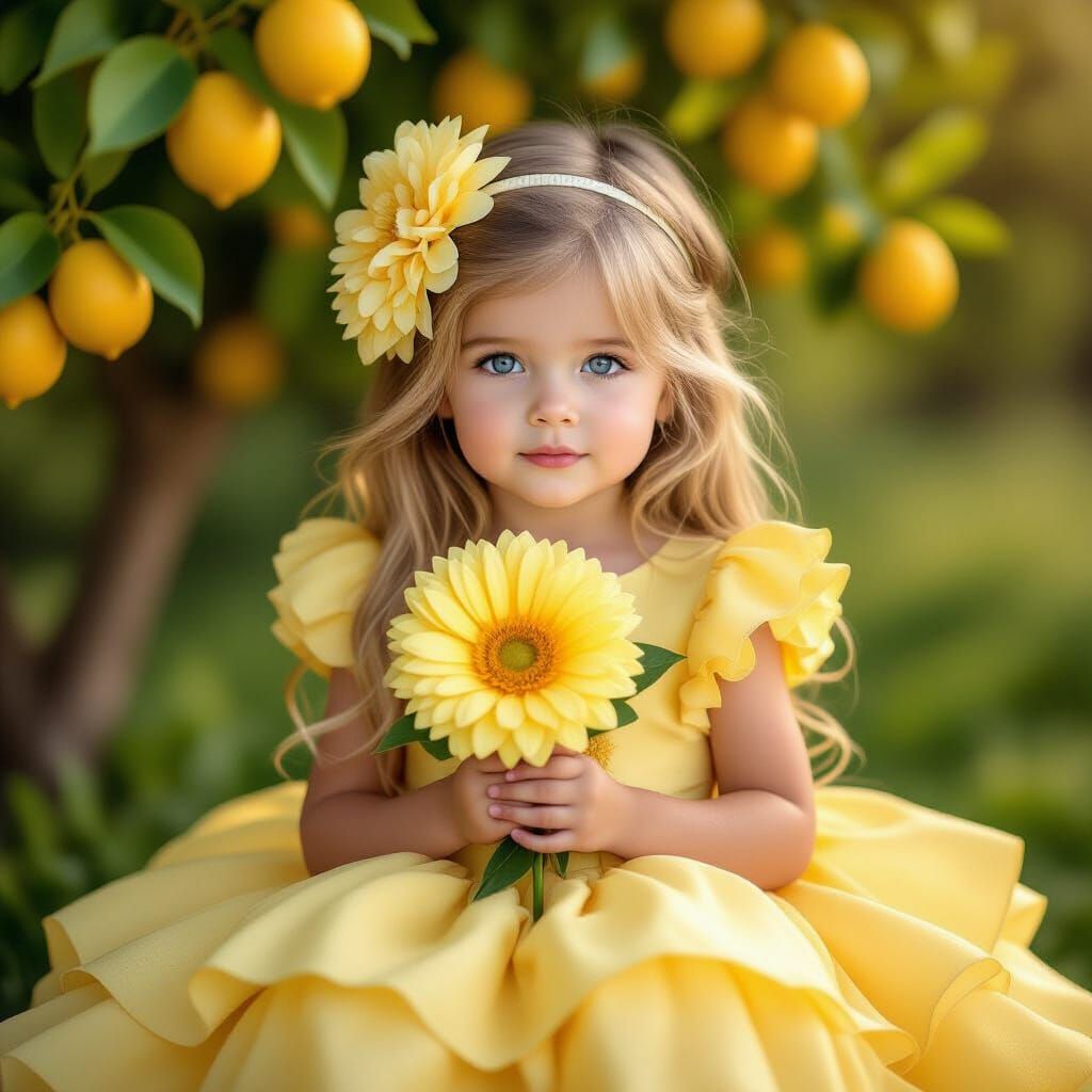 Girl in Yellow Dress Holds Yellow Flower Under Lemon Tree