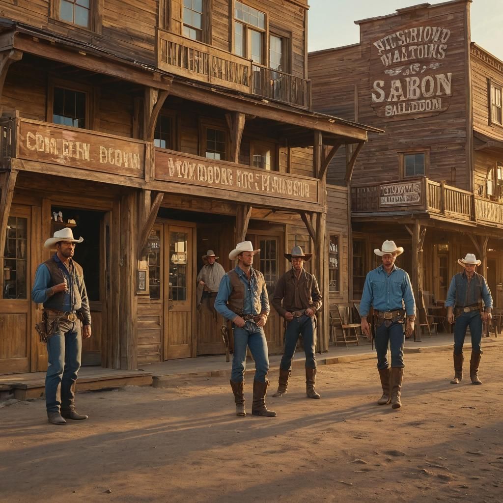 Cowboys in a Bustling Western Saloon: Oil Painting