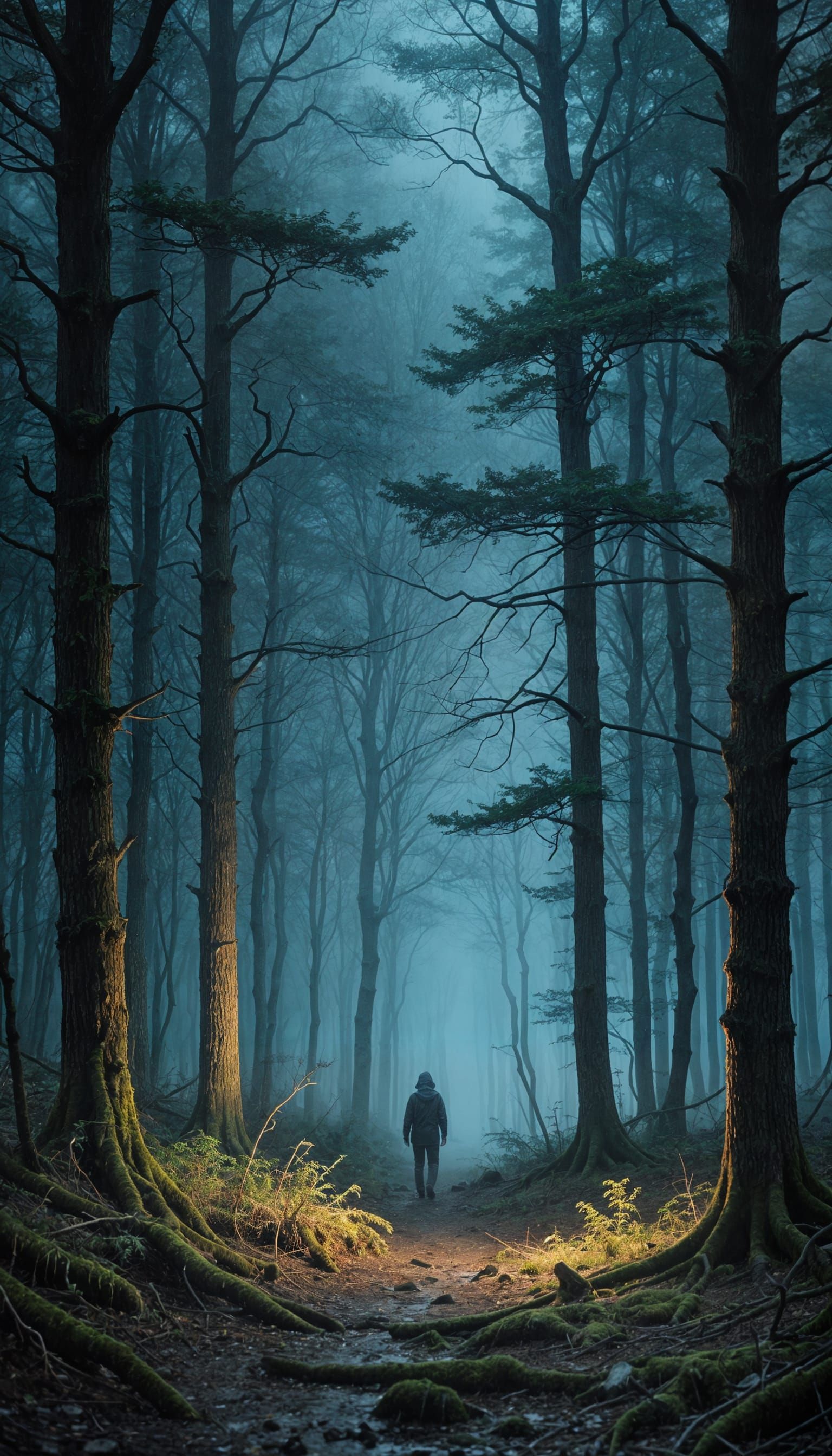 Melancholic Forest Scene Under Rainy Night