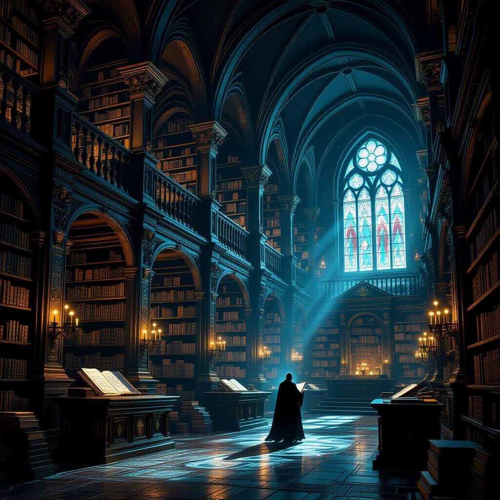 Ancient Library of Glowing Runes and Spectral Scholar