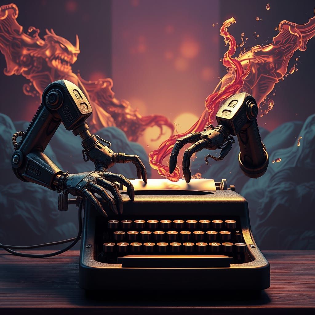 Mechanical Arms Typing on Vintage Typewriter in Fantasy Sett...