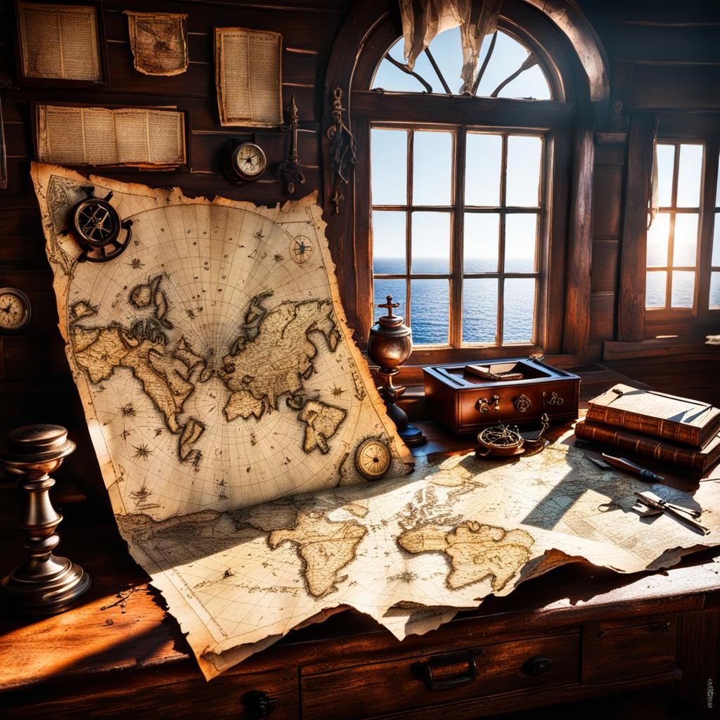 Antique Pirate Map in Captain's Cabin