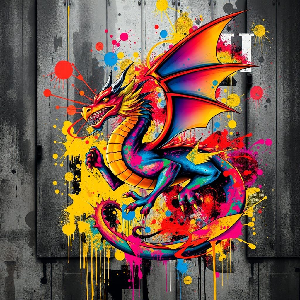 Vibrant Dragon in Graffiti and Splash Art Style