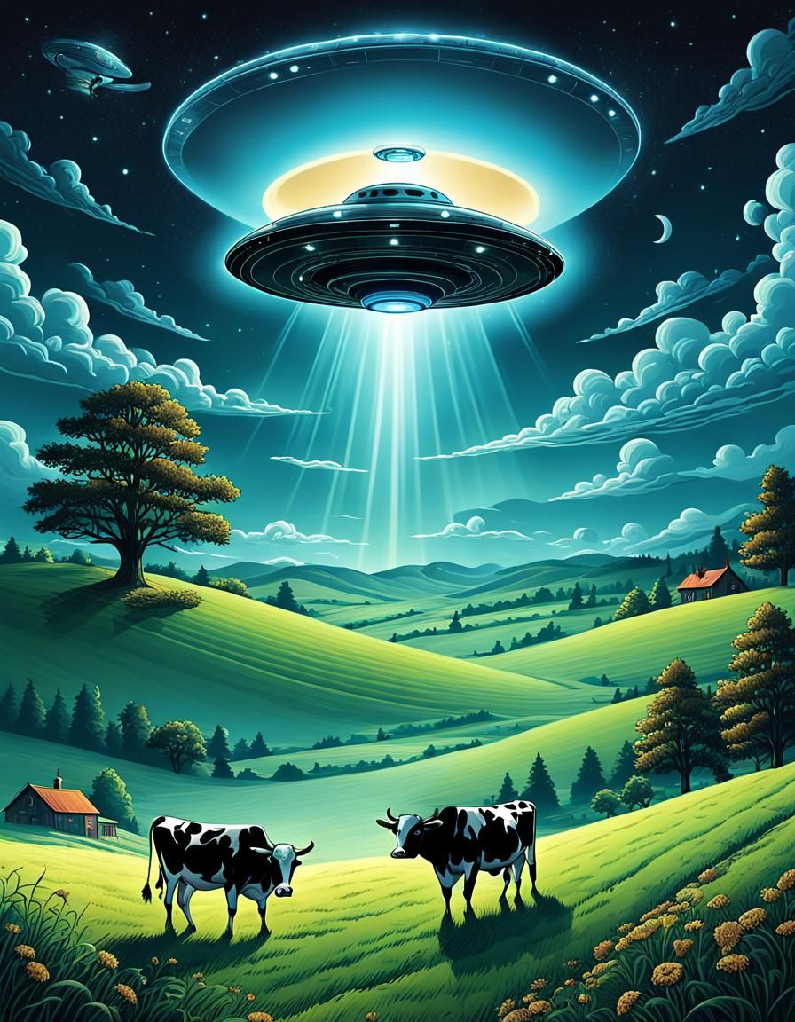 Steampunk UFO Abduction in Rural Landscape