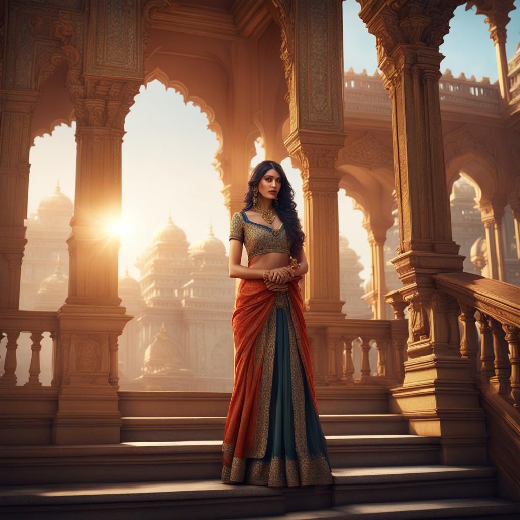 Admiring Indian Woman in Palace Sunrise: Fantasy Art