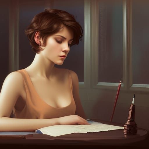 Woman Drawing in Magic Room, Art Nouveau Portrait