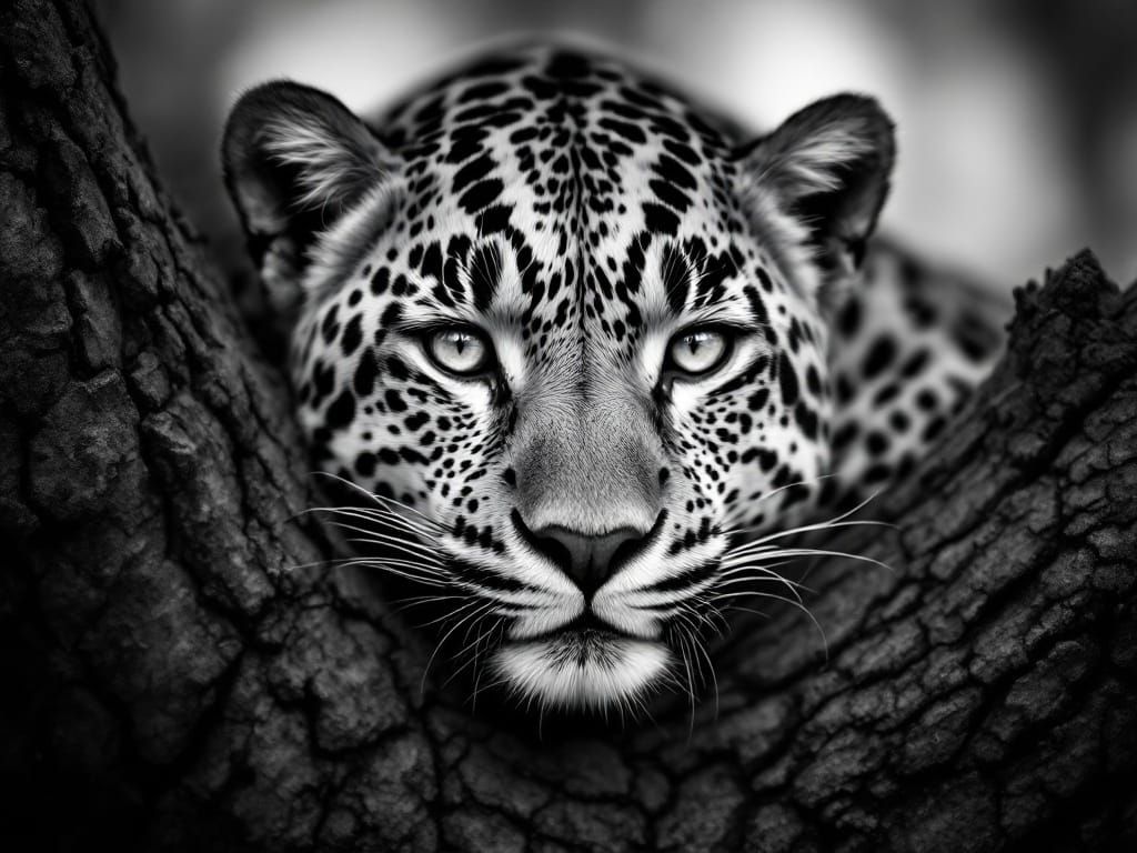 Monochrome Leopard Portrait on Tree Branch