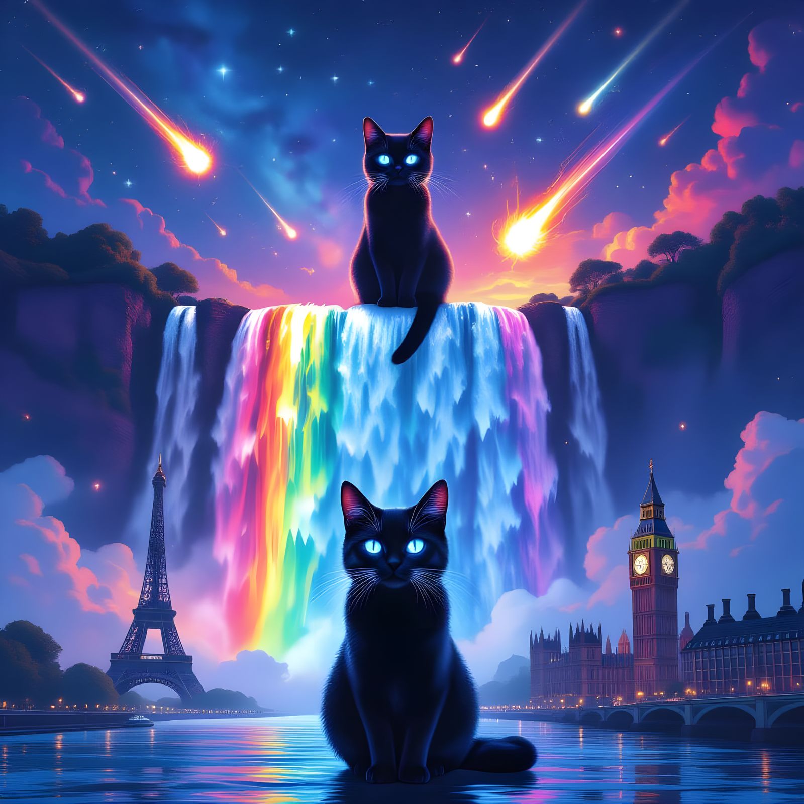 Neon Rainbow Waterfall With Cosmic Cat