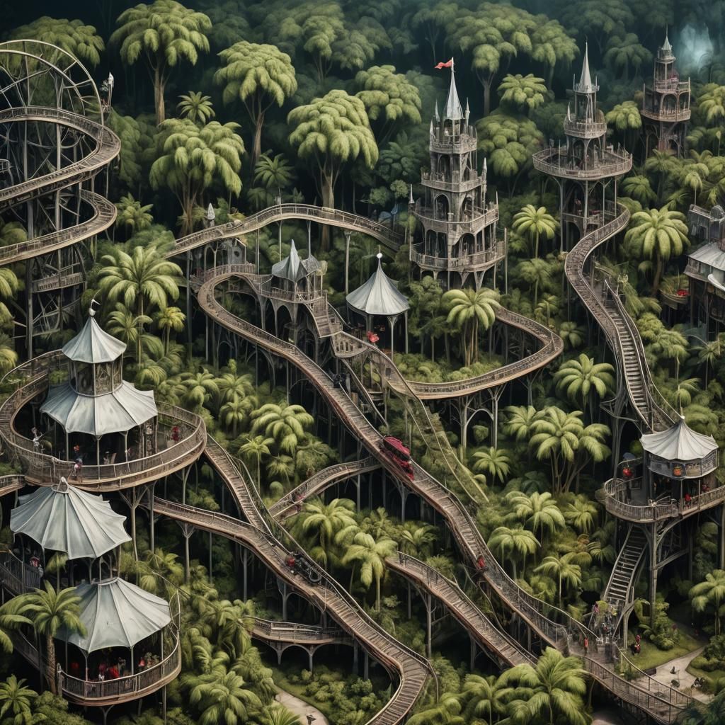 Gothic vampire jungle themapark, with rollercoasters and food and drink stands, oil ink airbrush effect