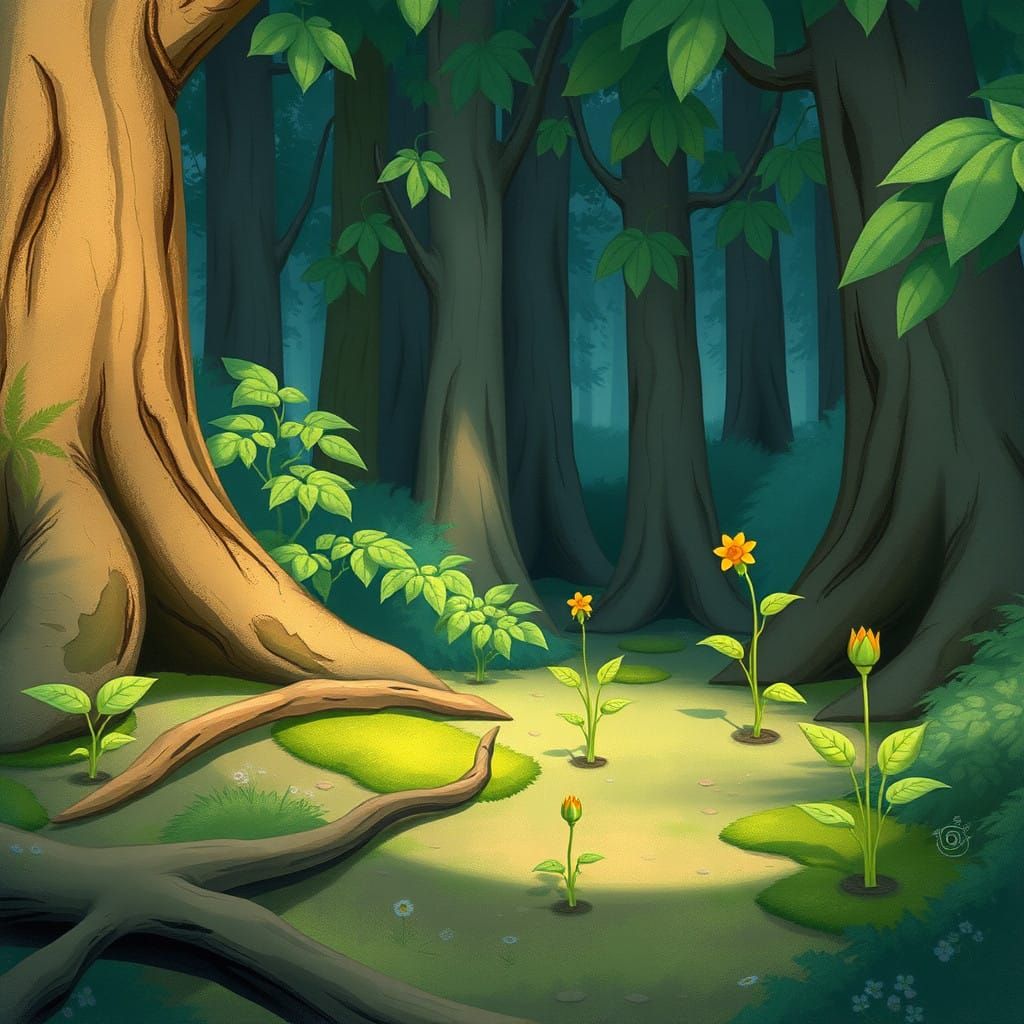 Whimsical Cartoon Forest Scene in a Serene Landscape