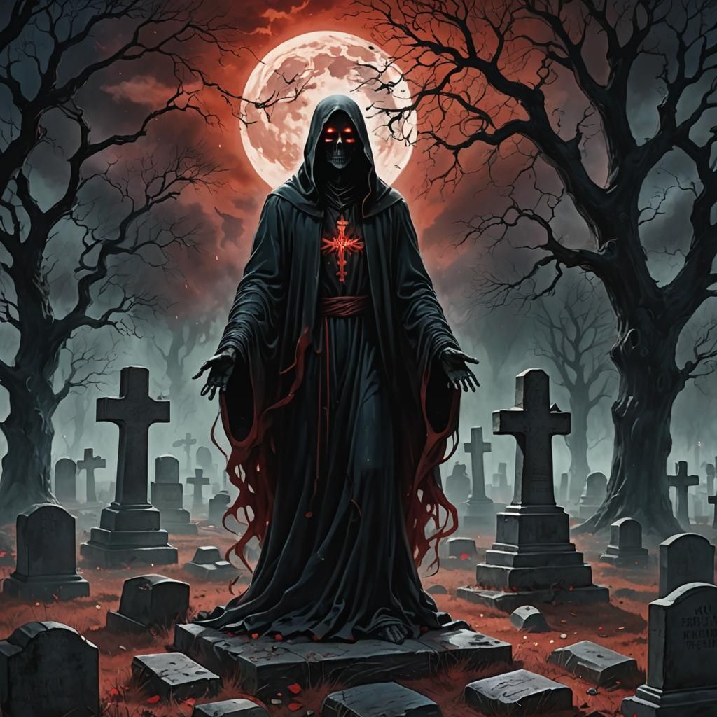 Opalescent Ghost Floating in Dark Graveyard