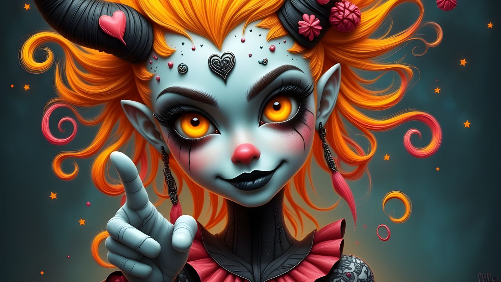 <lora:BlueFantasy Portrait:1.0> <lora:Blacklight Nocturne:1.0> A stylized, digitally rendered portrait of a female clown...