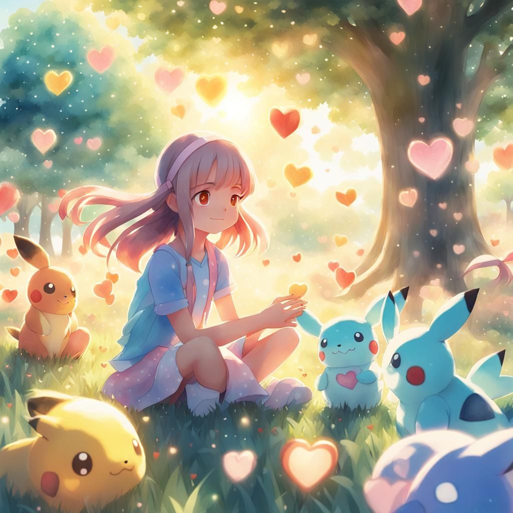 Girl with Glowing Pokemon in Whimsical 3D Anime Style