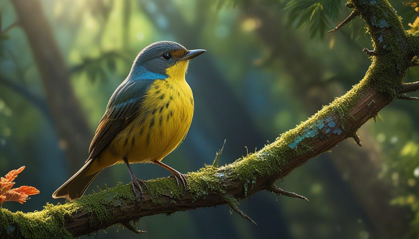 Hyperrealistic Warbler in Vibrant Forest Splash Art