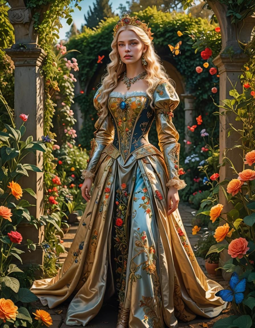 (((Full body))) photography of A wonderful Renaissance style wonderful stunning Gorgeous Young blonde princess seaten on...